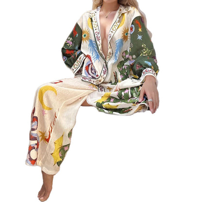 Chic Floral Print Loose-Fit Shirt and Wide-Leg Pants Set