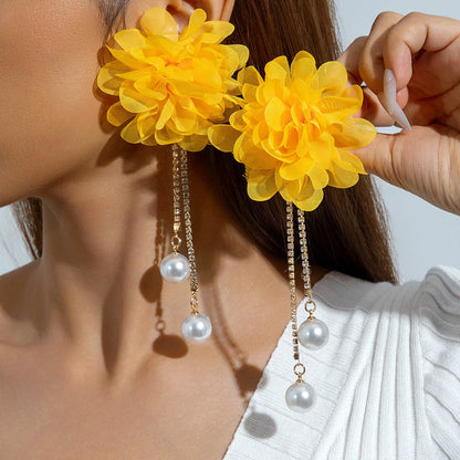 Exaggerated Flower Tassel Earrings With Faux Pearl For Women