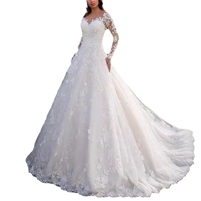 Elegant Lace Wedding Dress with Train and Sleeves