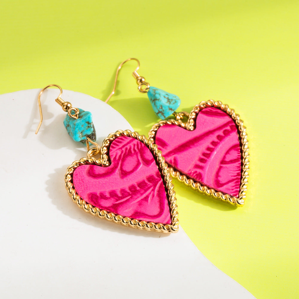 Heart-Shaped Turquoise and Leather Alloy Earrings for Women