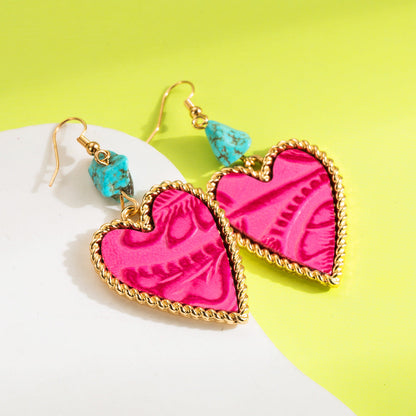 Heart-Shaped Turquoise and Leather Alloy Earrings for Women