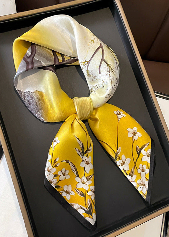 Scenic Floral Silk Scarf Yellow Square Satin
