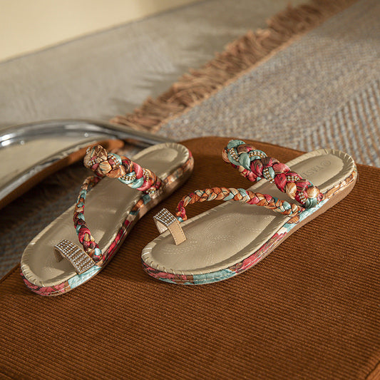 Bohemian Fashion Wooden Bead Rhinestone Wedge Heel Comfortable Large Size Sandals For Women