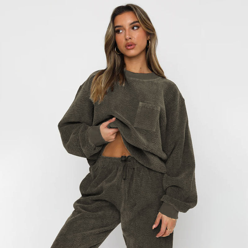 Solid Color Corduroy Casual Pullover Set