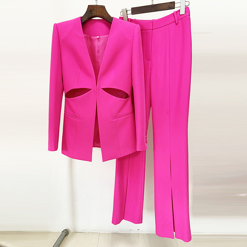 Chic Hollow Design Blazer Set with Tailored Pants