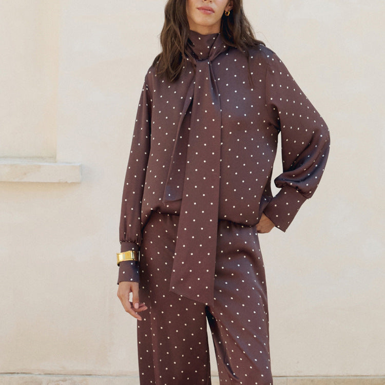 Polka Dot Satin Blouse with Tie Front Elegant Long Sleeve Shirt