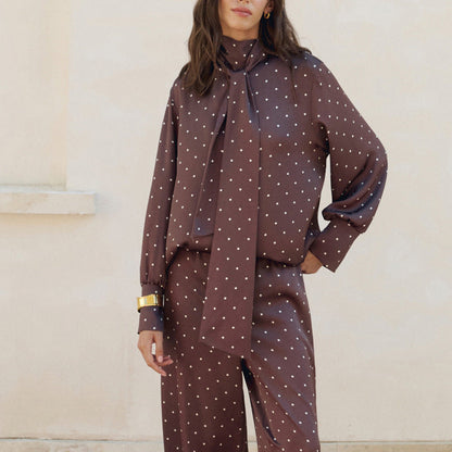 Polka Dot Satin Blouse with Tie Front Elegant Long Sleeve Shirt