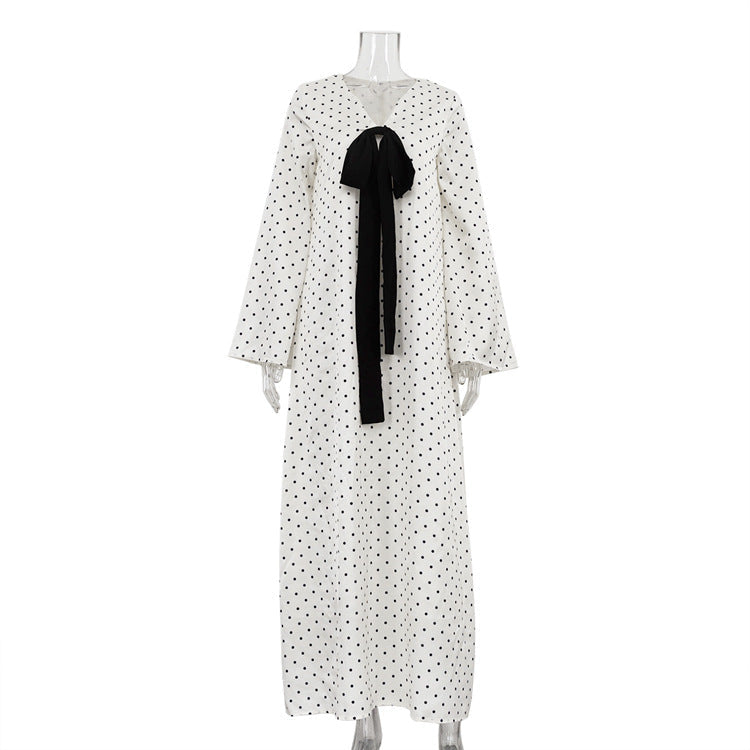 French Bow V-Neck Long Sleeve Dress Elegant Polka Dot Maxi Dress