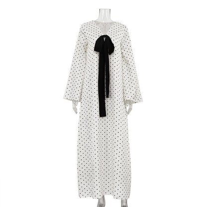 French Bow V-Neck Long Sleeve Dress Elegant Polka Dot Maxi Dress