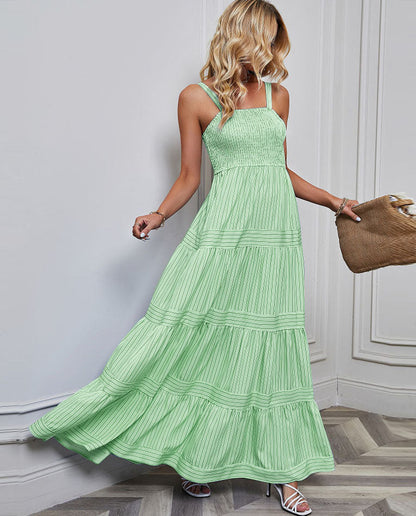 Solid Color Striped Spaghetti Long Dress