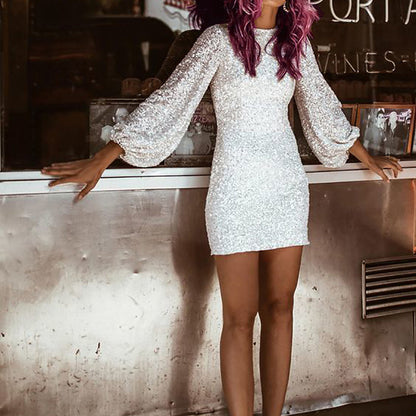 Elegant Sequin Lantern Sleeve Bodycon Dress