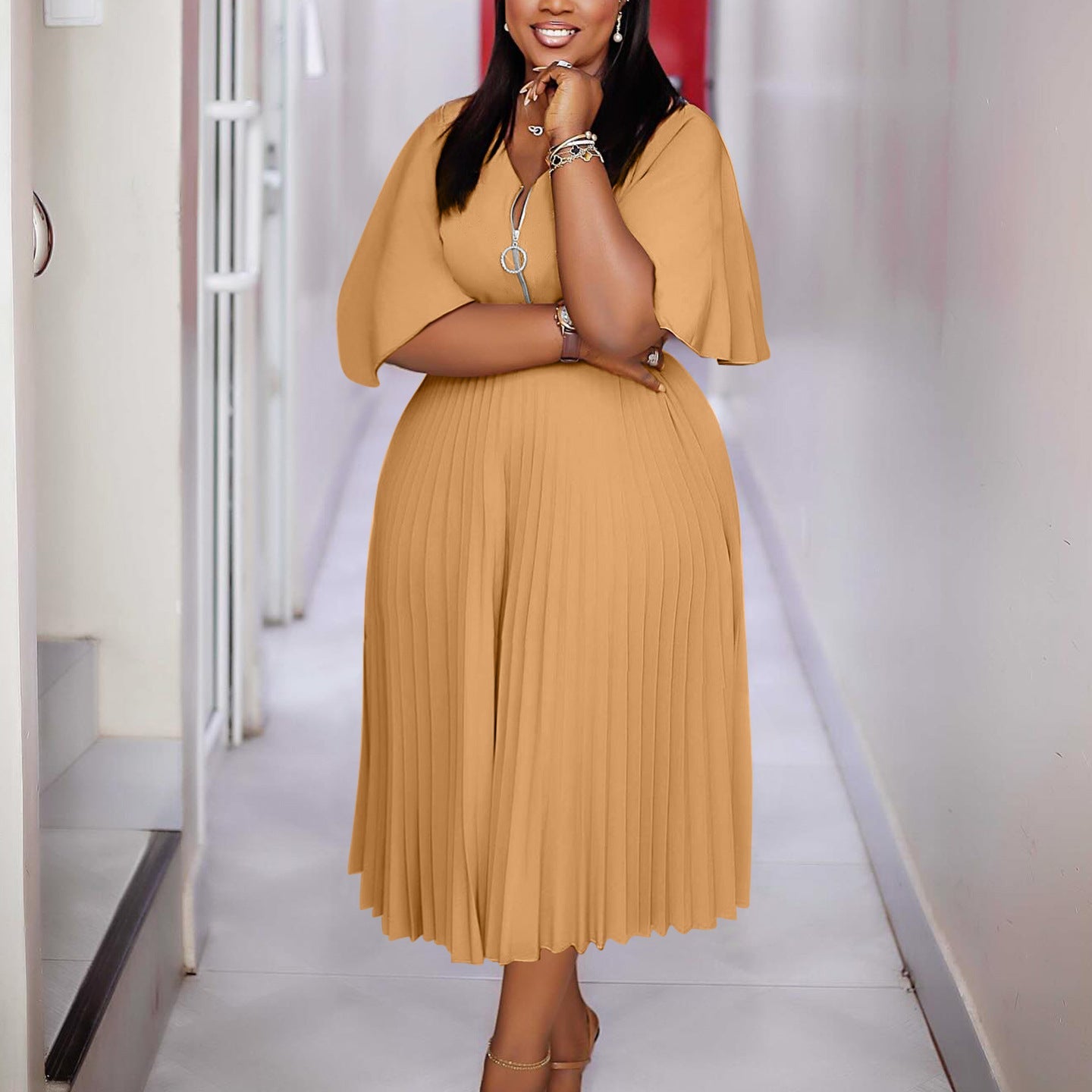 Plus Size V Neck Ruffled Sleeve Dress Elegant Polyester Midi Dress