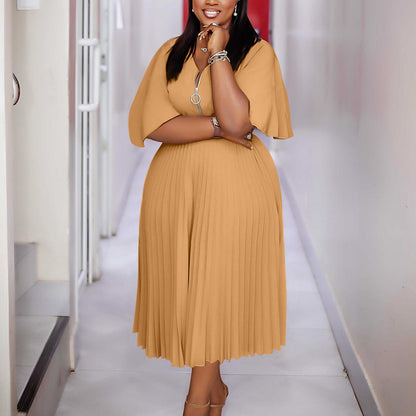 Plus Size V Neck Ruffled Sleeve Dress Elegant Polyester Midi Dress