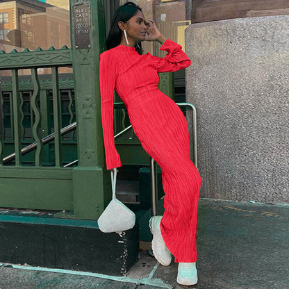 Women'S Fashion Casual Solid Color Round Neck Long Sleeves Slim Pleated Long Skirt Pressed Pleated Dress