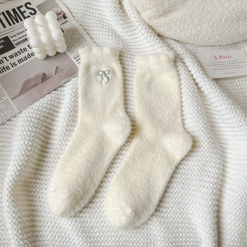 Winter Plush Solid Color Bow Embroidery Crew Socks