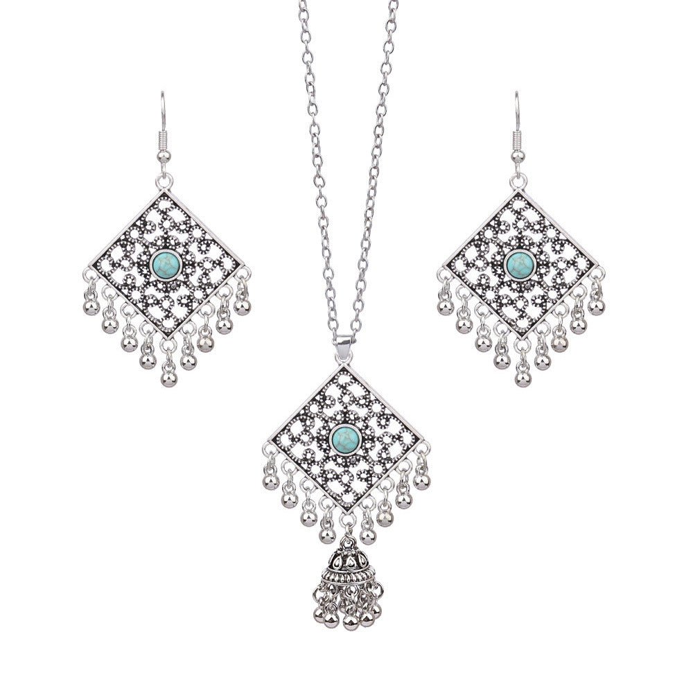 Bohemian Tassel Earrings and Necklace Set with Turquoise Accents