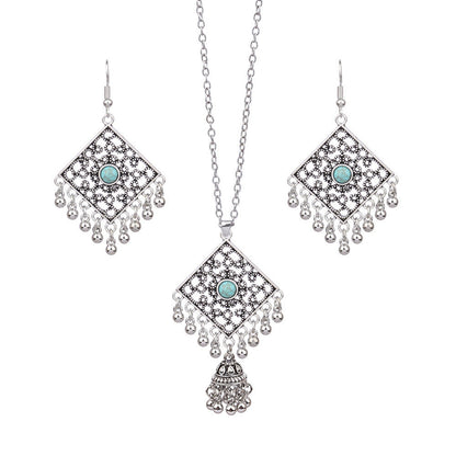 Bohemian Tassel Earrings and Necklace Set with Turquoise Accents
