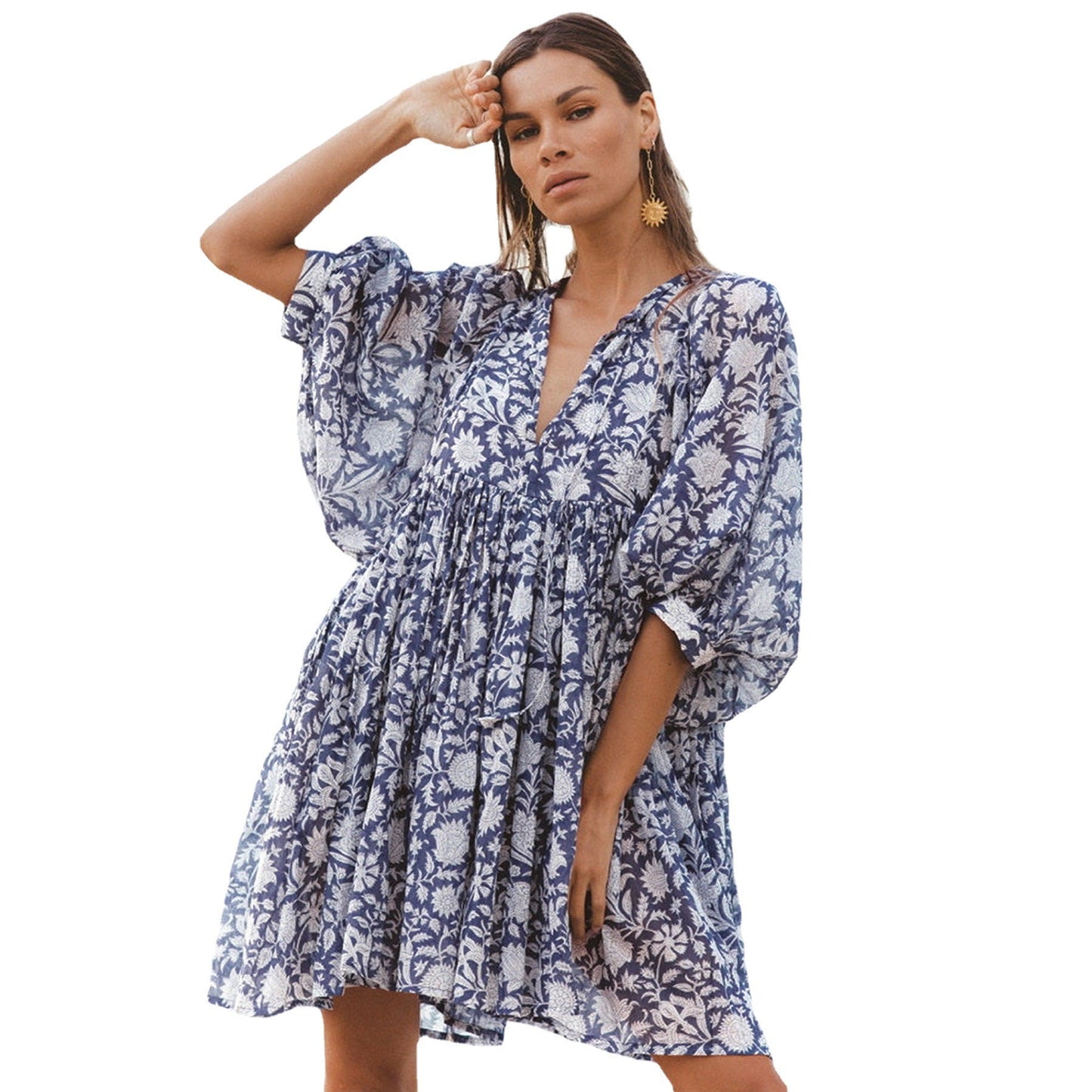Floral Print Casual Dress with Tie Waist and Half Placket