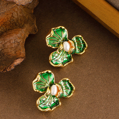 French Elegant Flower Pearl Stud Earrings For Women