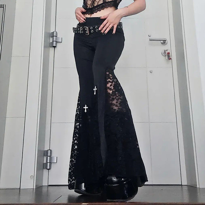 High-Waisted Lace Hollow Black Flare Pants Punk Style