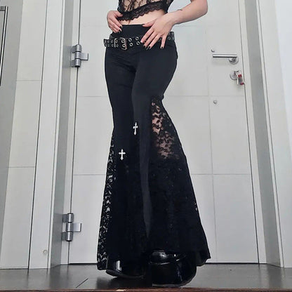High-Waisted Lace Hollow Black Flare Pants Punk Style