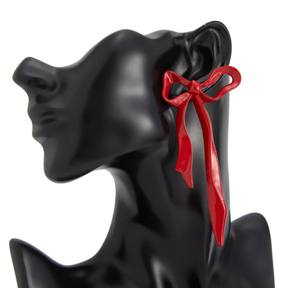 Retro Sweet Cool Metal Red Bow Earrings With Floral Design