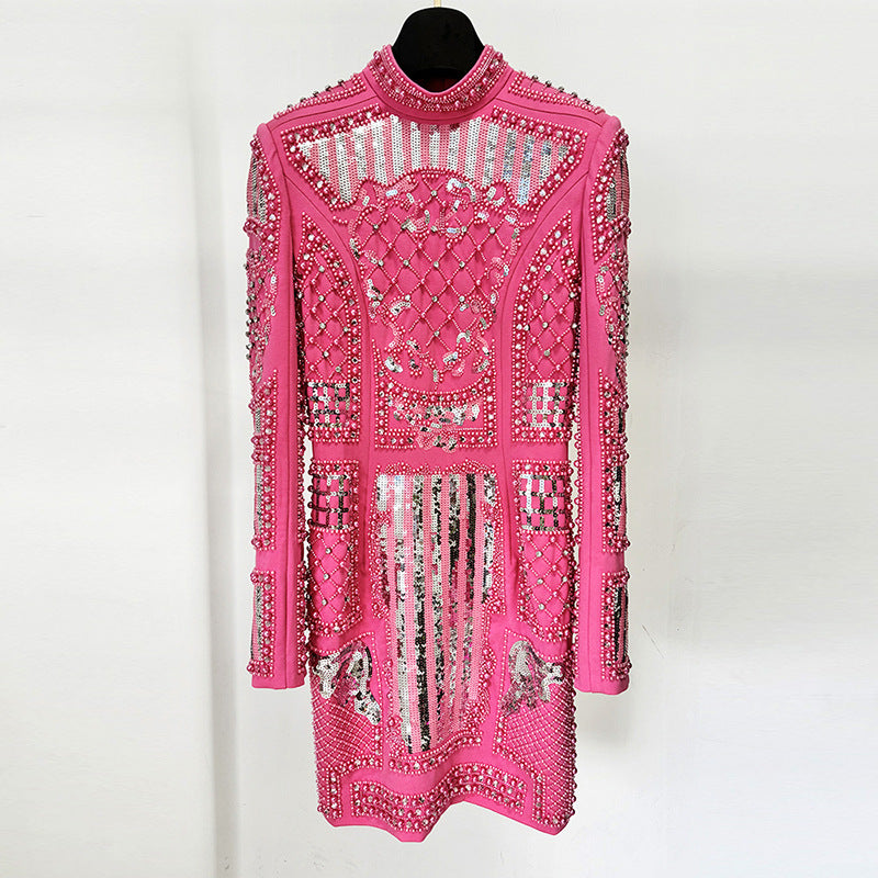 Elegant Sequin Bodycon Dress With Stand Collar