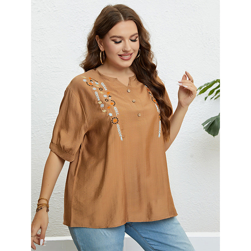 Casual V-Neck Embroidered Top in Almond Color