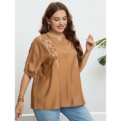 Casual V-Neck Embroidered Top in Almond Color
