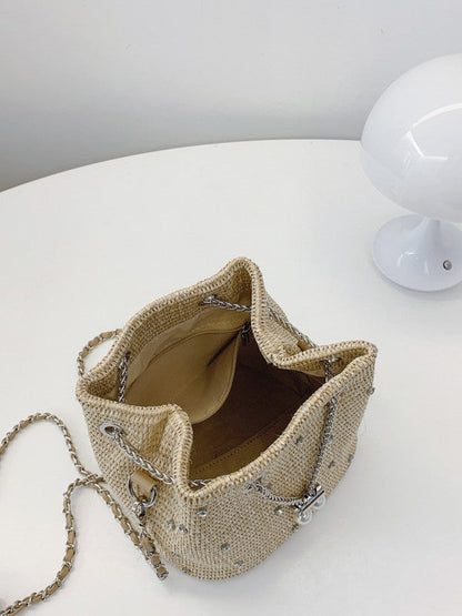 Trendy Women's Woven Bucket Bag with Pearl & Rhinestone Accents