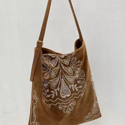 Boho Embroidered Large Capacity Suede Shoulder Bag