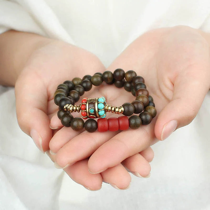 Tibetan Nepalese Green Sandalwood Bracelet Men'S And Women'S Retro Ethnic Style Natural Sour Branch Multi-Circle Buddha Bead Bracelet