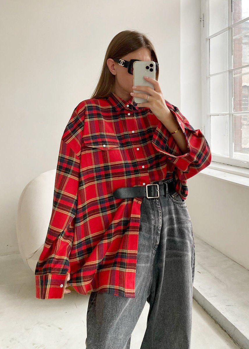 Oversized Red Plaid Shirt With Chest Pockets
