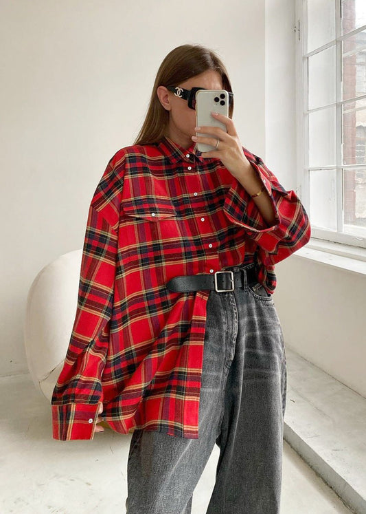 Oversized Red Plaid Shirt With Chest Pockets
