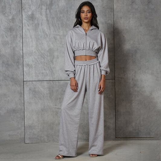 Crop Hooded Jacket And High-Waisted Wide-Leg Pants Set
