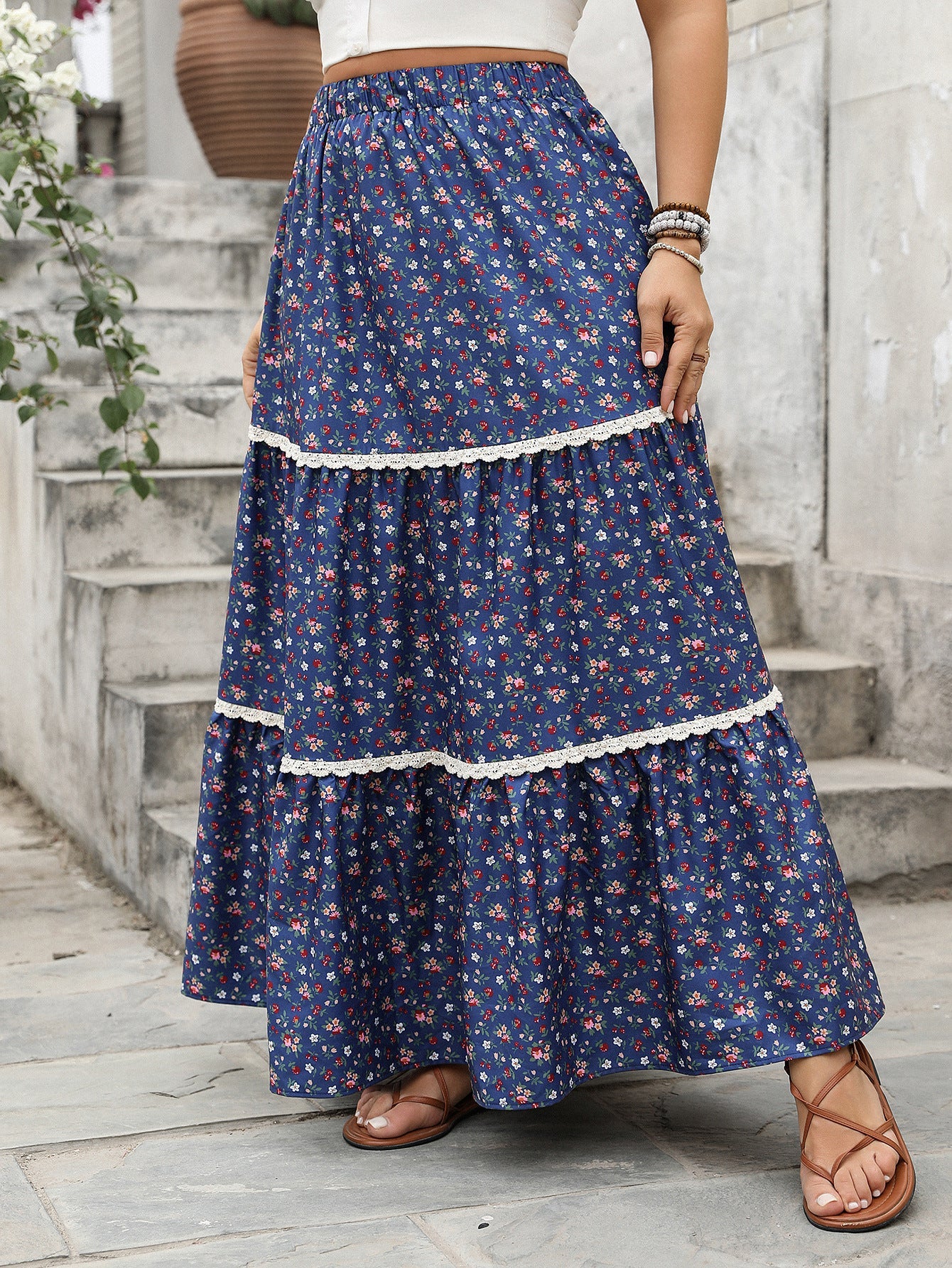 Floral Pleated Maxi Skirt Comfortable Casual Women'S Skirt