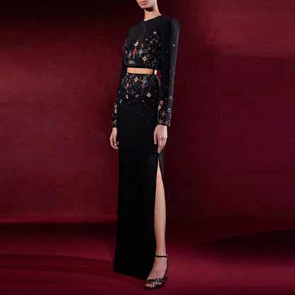 Short Top And Long Skirt Set With Beads And Rhinestones
