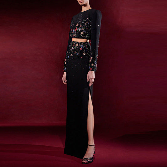 Short Top And Long Skirt Set With Beads And Rhinestones