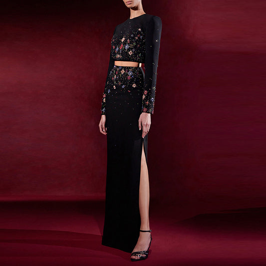 Trendy Beaded Short Jacket And Maxi Skirt Set