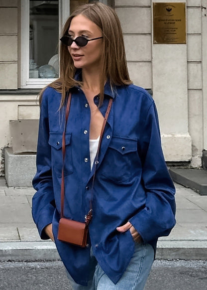Oversized Suede Button Up Shirt Navy
