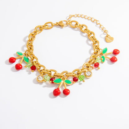 Cherry Pendant Stainless Steel Bracelet for Women Elegant Fashion Accessory