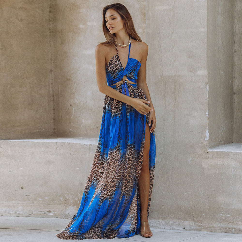 Sexy Leopard Print Backless Dress Chiffon Pendulum Bohemian Long Dress