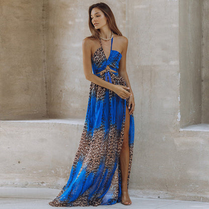 Sexy Leopard Print Backless Dress Chiffon Pendulum Bohemian Long Dress