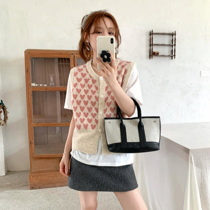 Heart Pattern Knitted Sleeveless Vest Casual Layering Sweater