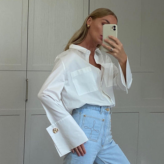 Chic White Long Sleeve Shirt with Double Pockets