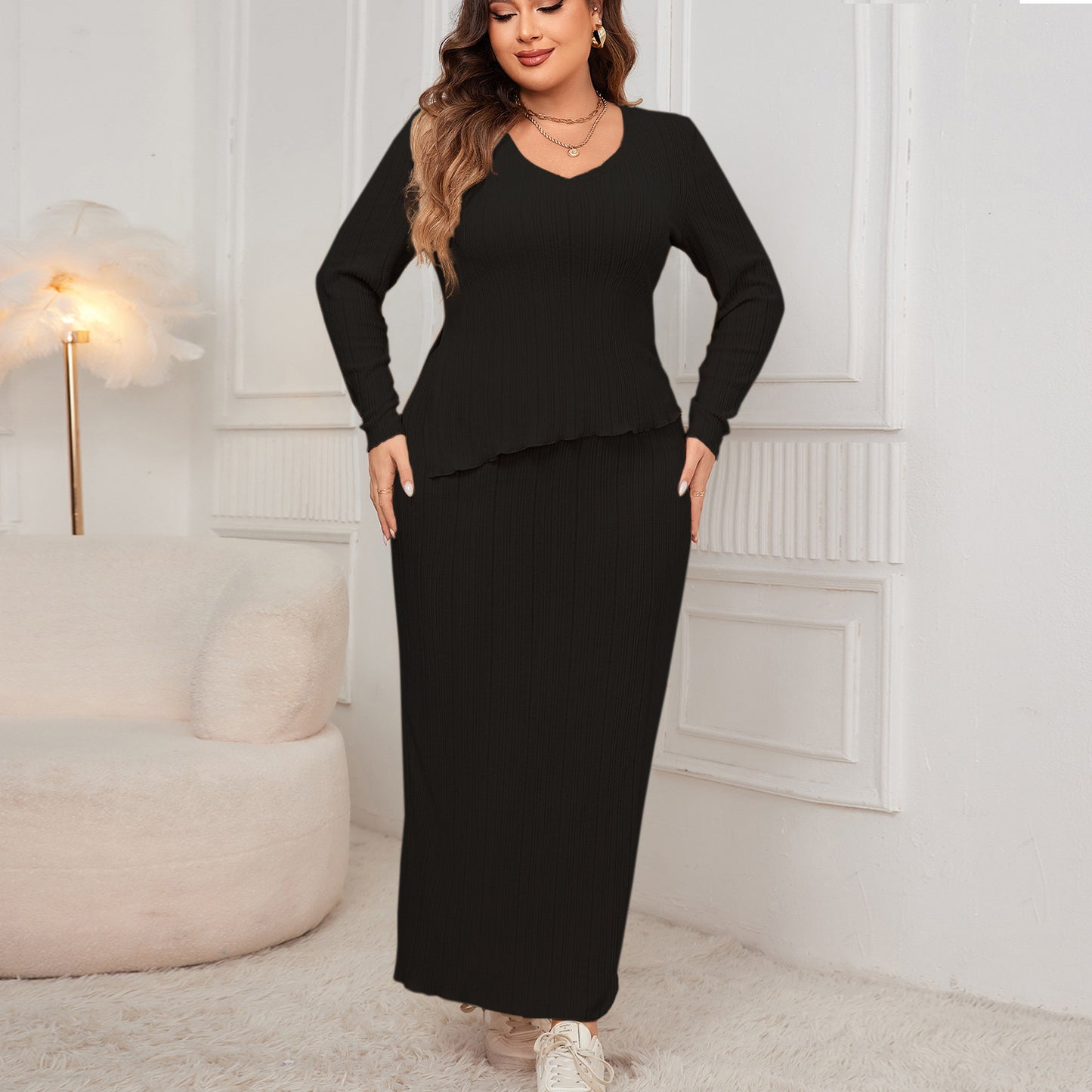 Plus Size Loose Fit Fashion Two-Piece Skirt Set with Long Sleeves