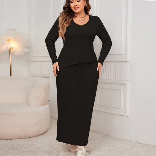 Plus Size Loose Fit Fashion Two-Piece Skirt Set with Long Sleeves