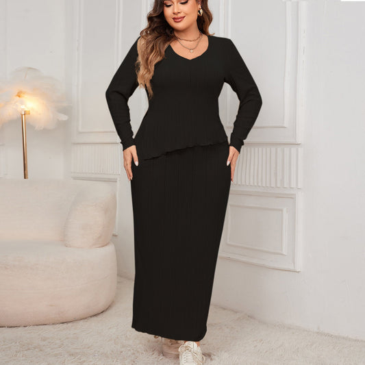 Plus Size Loose Fit Fashion Two-Piece Skirt Set With Long Sleeves