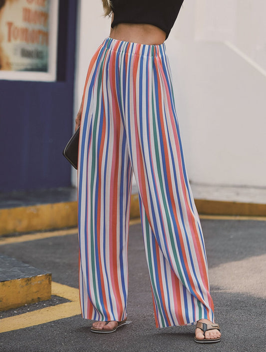 Pants Colorful Striped Trousers Loose High Waist, Slim, Versatile Slacks, Wide Legs