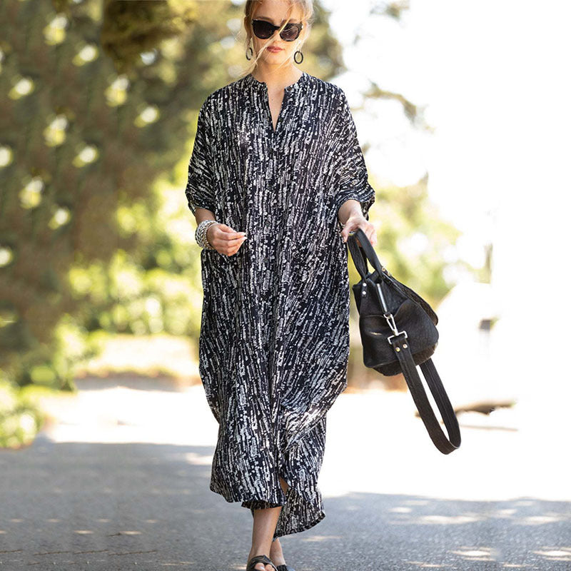 Four-Sided Elastic-Printed Beach Blouse Loose Pocket Single-Breasted Vacation Dress